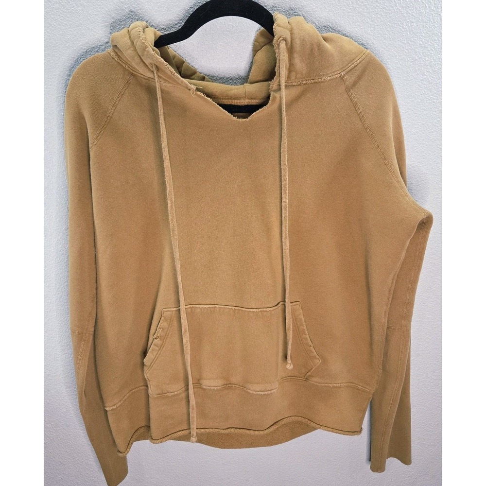 Nili Lotan Distressed Cropped Hoodie Mustard Cotton Raw Hem Pullover M USA